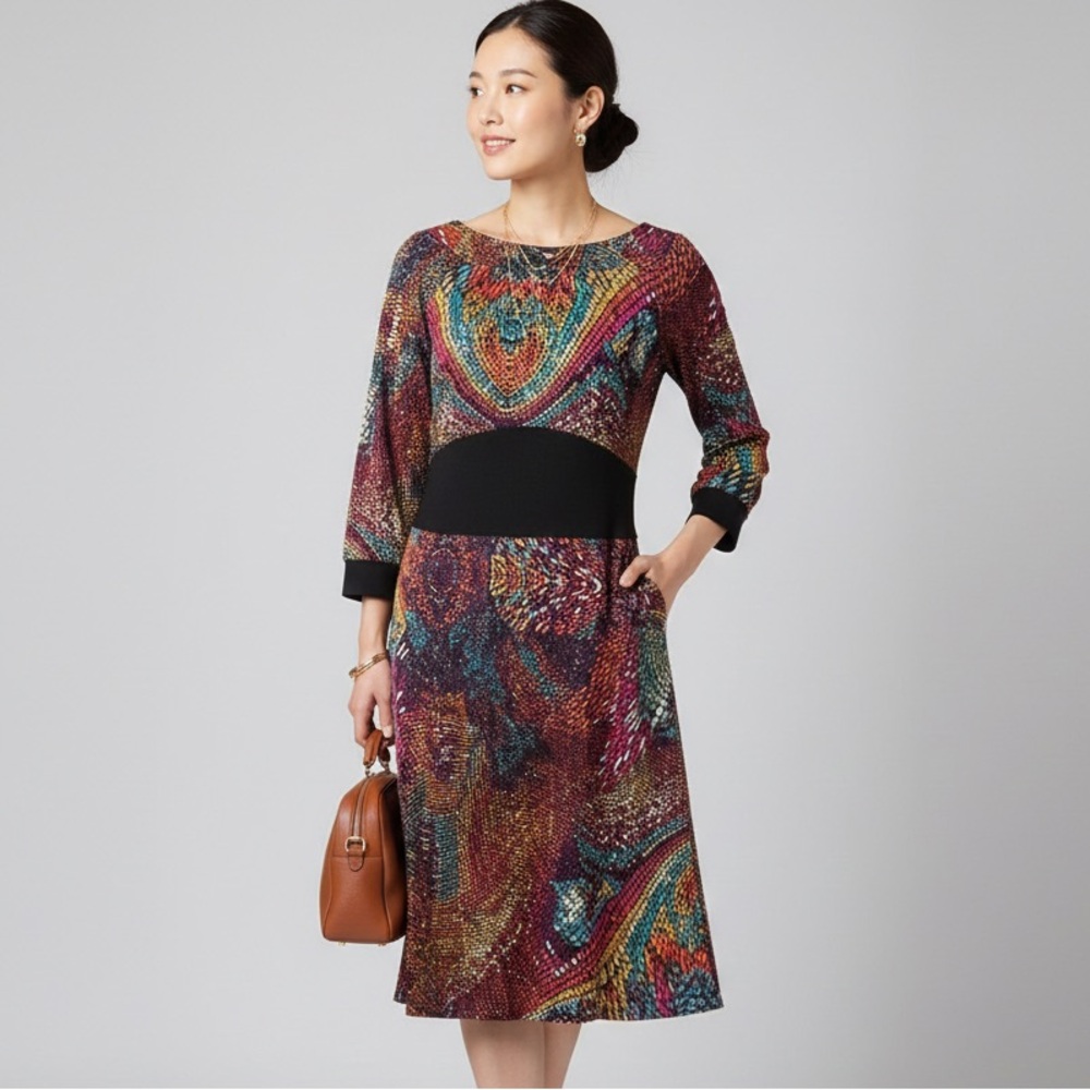 TRINA TURK 100% Silk 3/4 Sleeve Multicolor Patterned sz 8 Dress